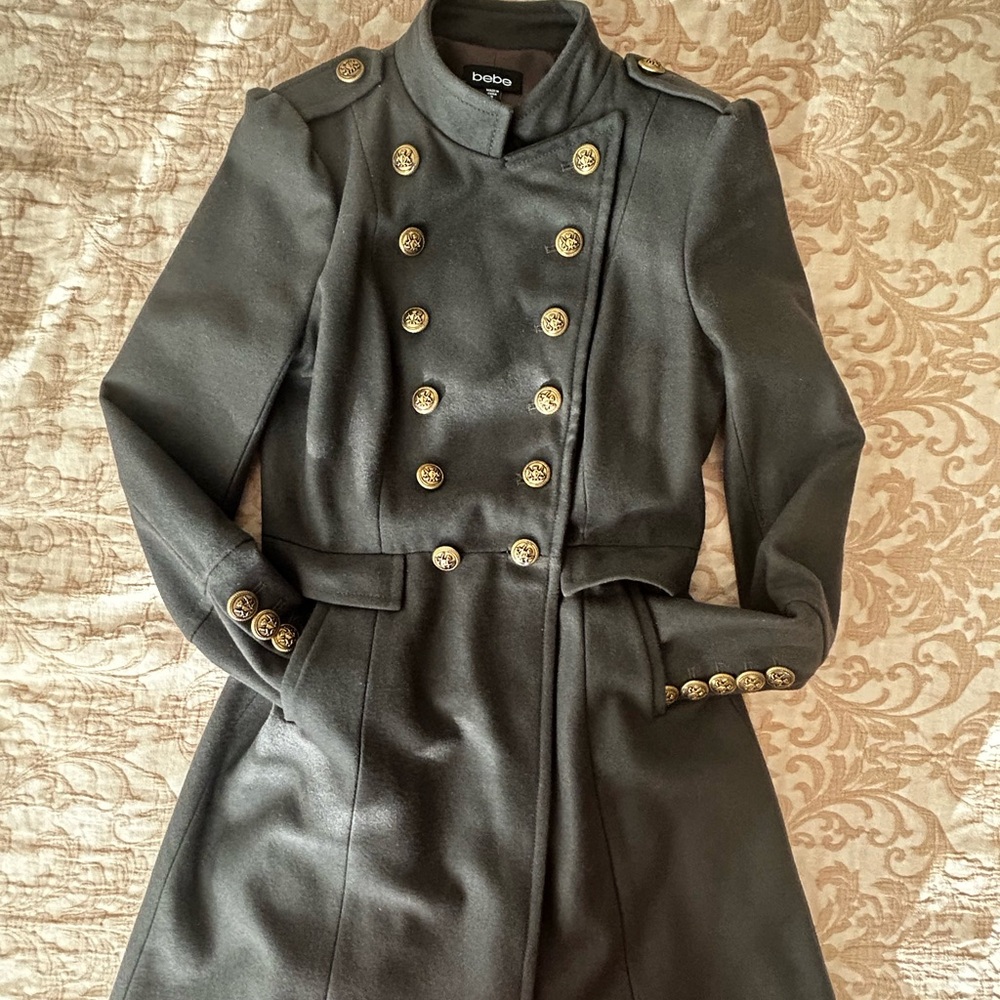 Bebe Olive Green Wool Coat with Gold Buttons